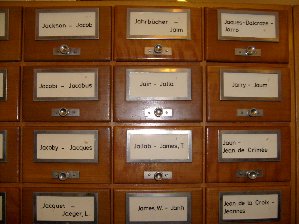 Card index drawers labelled with names, Geneva Library